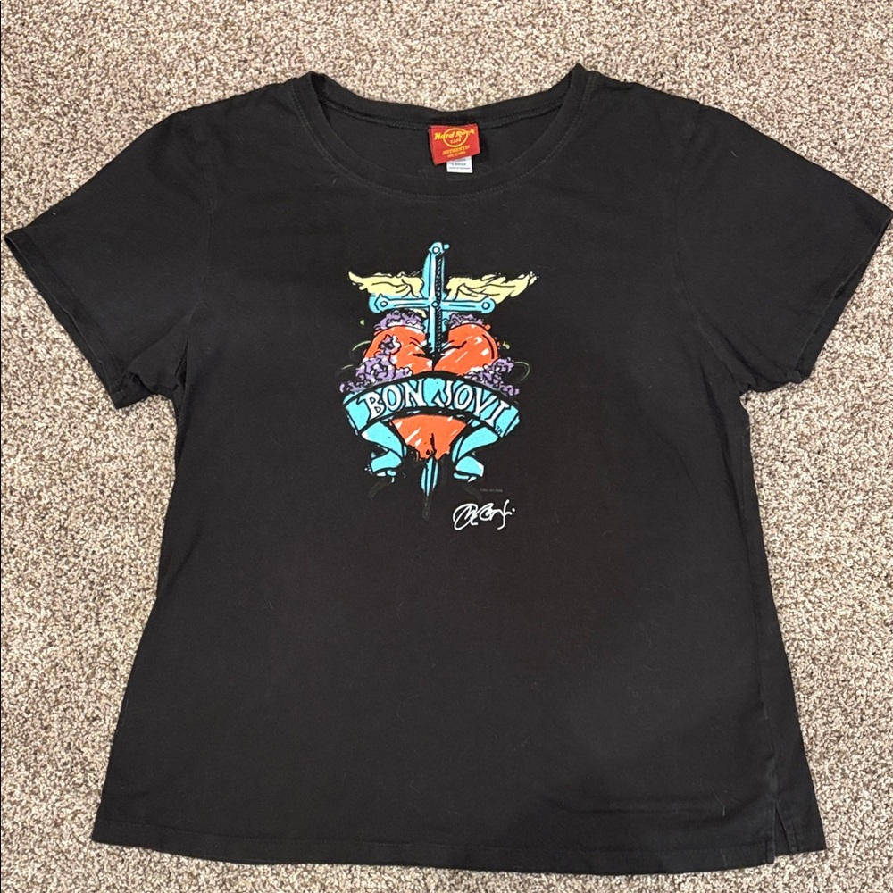 Bon Jovi Limited Edition Sword Heart Logo Hard Rock Cafe Black Tee Size L